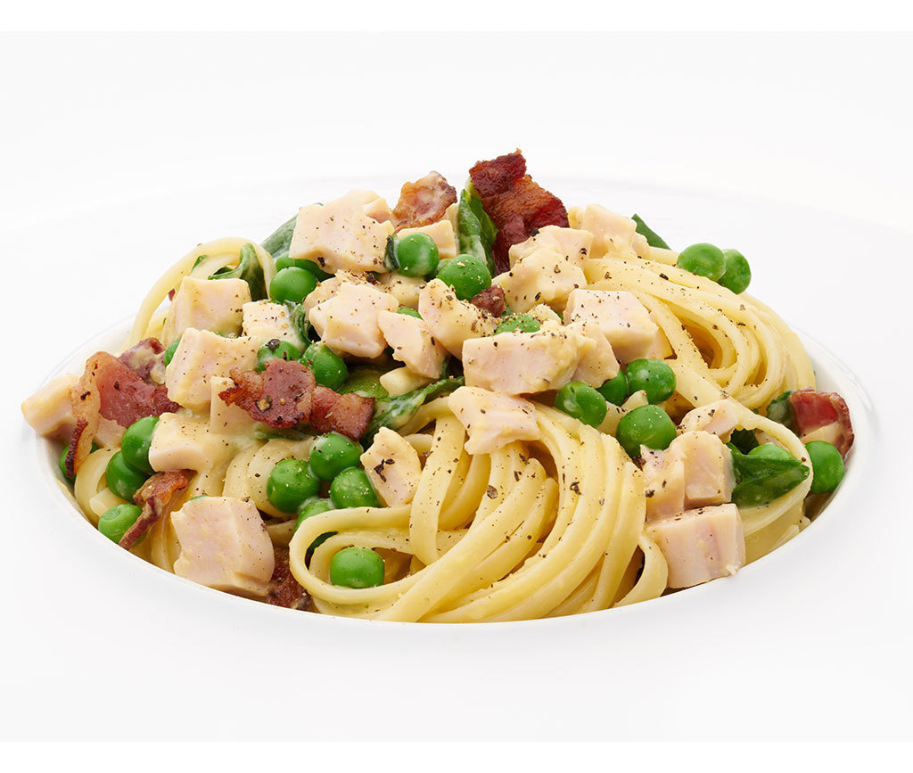Pastacarbonara med spinat og kylling