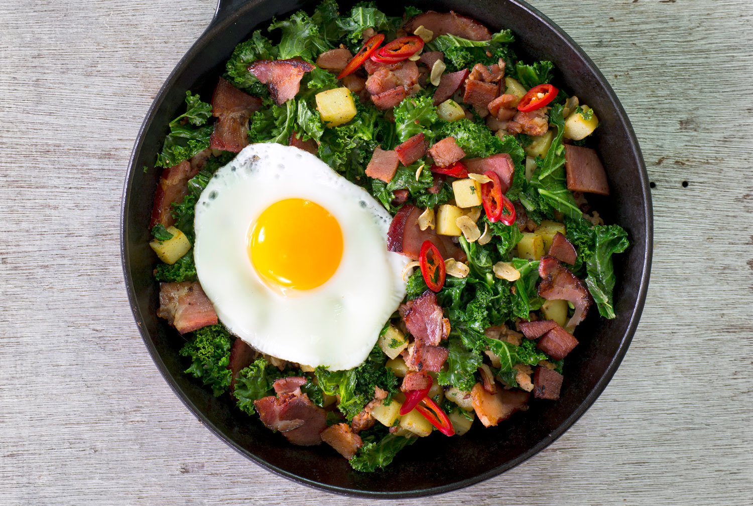 Pytt i panne med egg og bacon