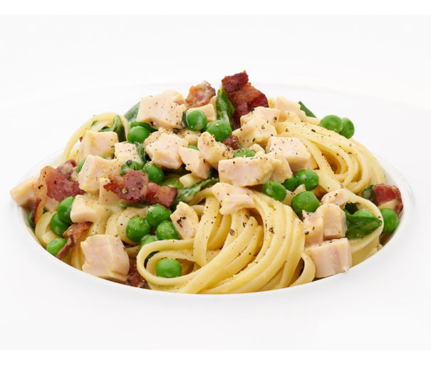 Pastacarbonara med spinat og kylling