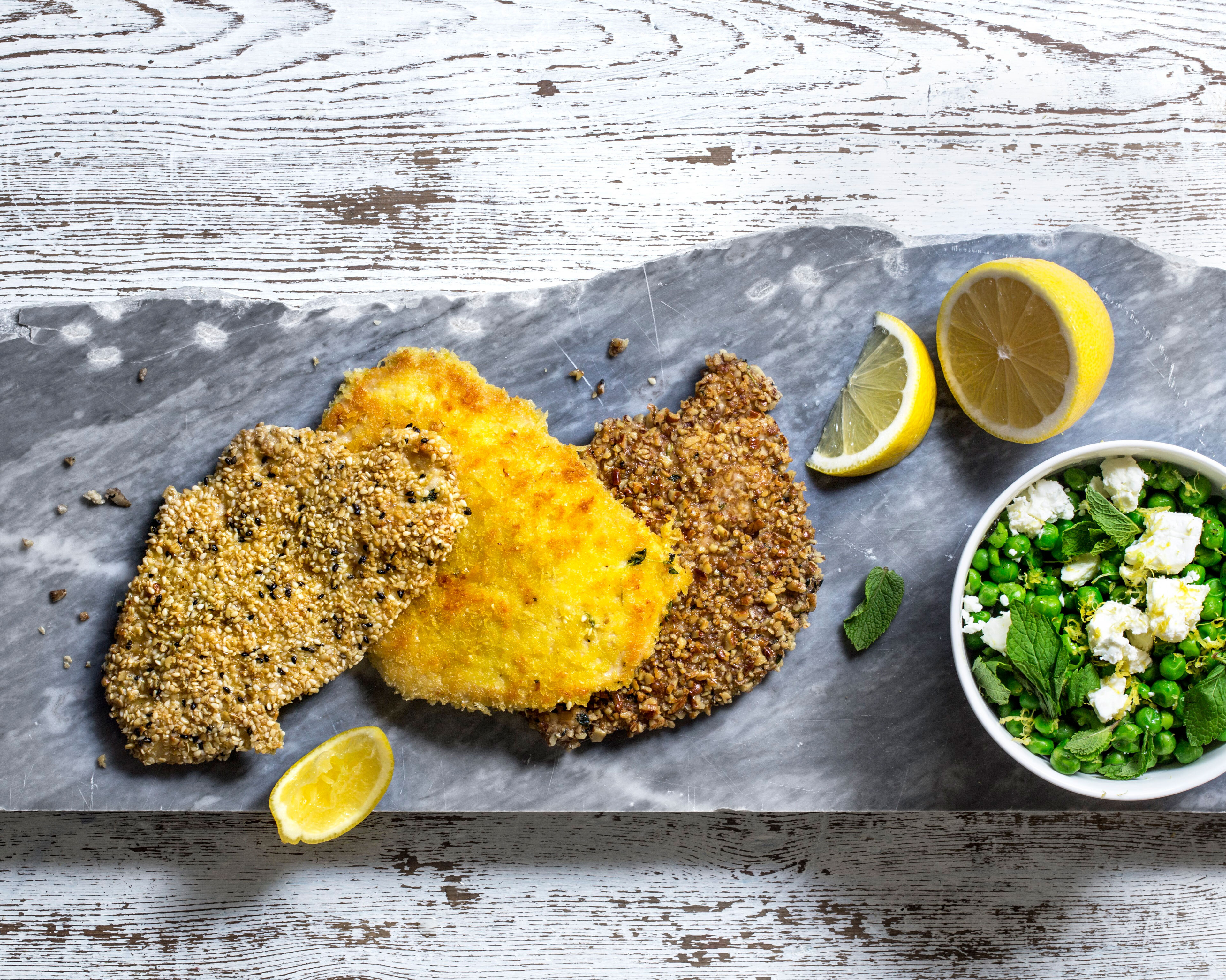 Livèche-schnitzel panert på tre måter