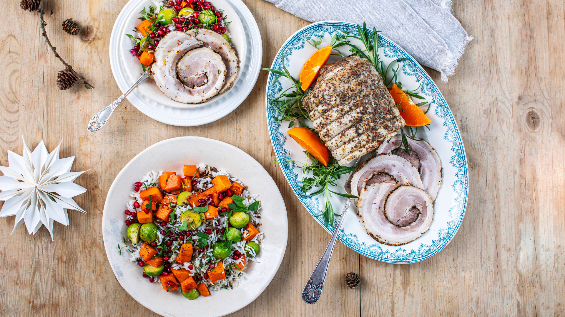 Rissalat med bakt gresskar og rosenkål appelsindressing og Gilde Porcetta sousvidekokt