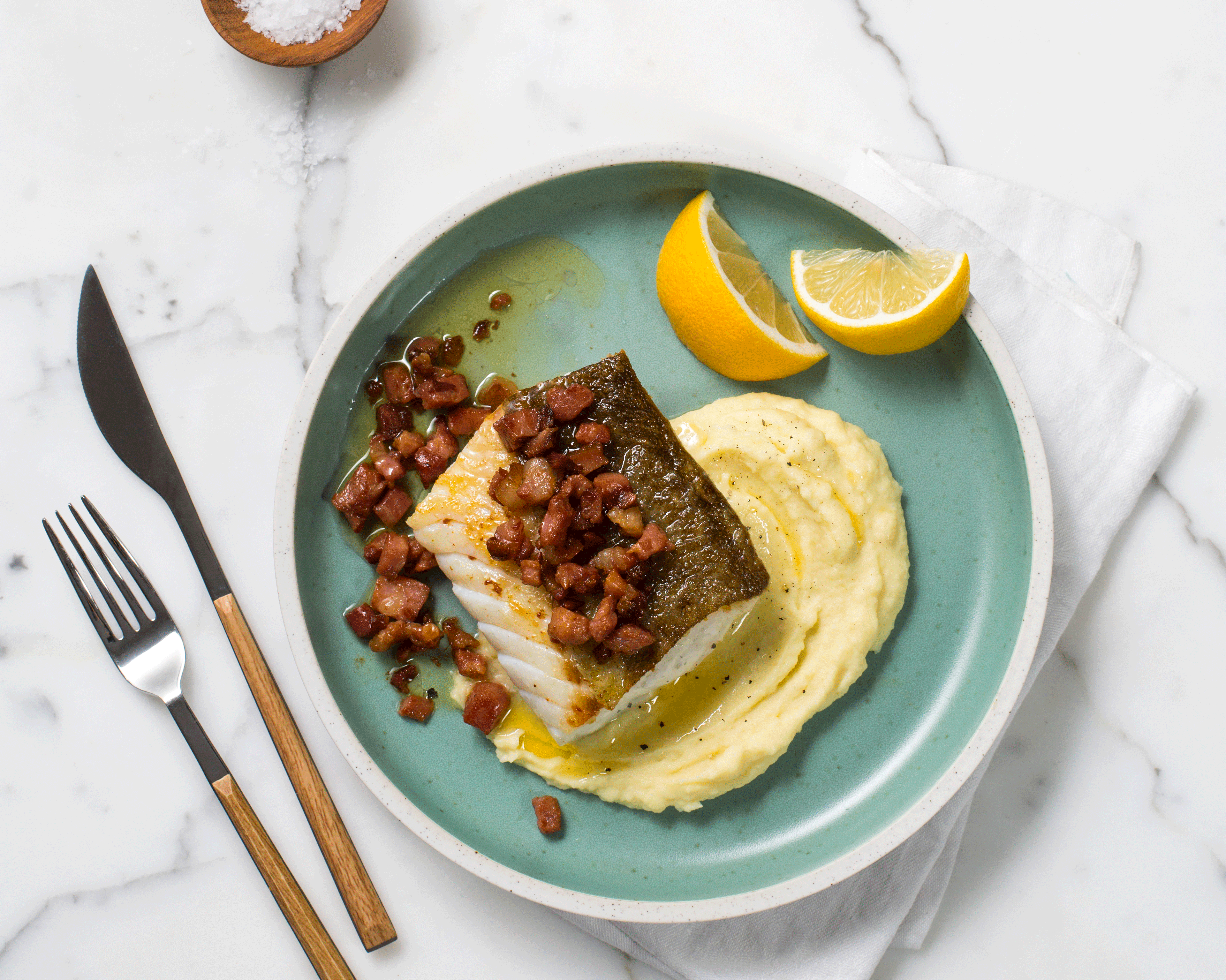 Skrei med bacon og potetmos