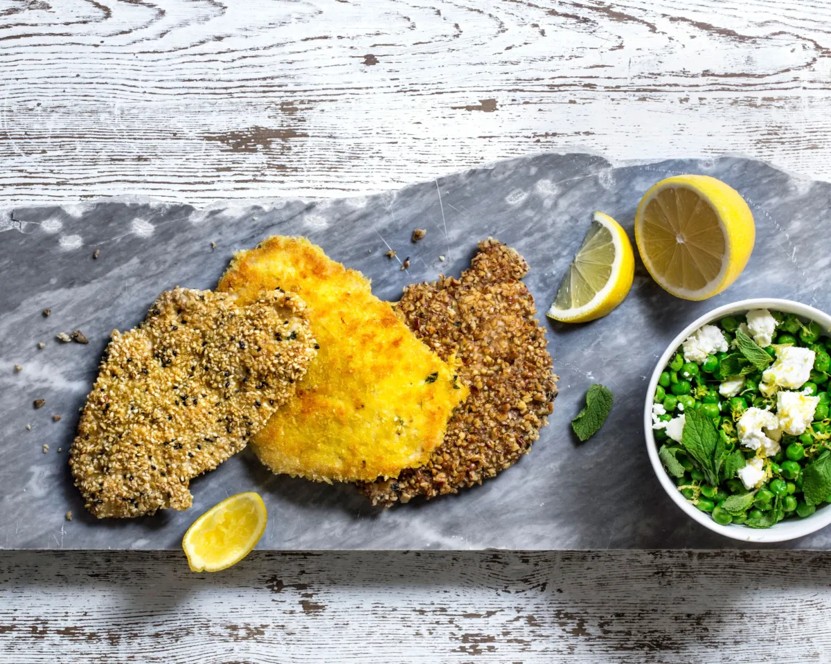 Livèche-schnitzel panert på tre måter