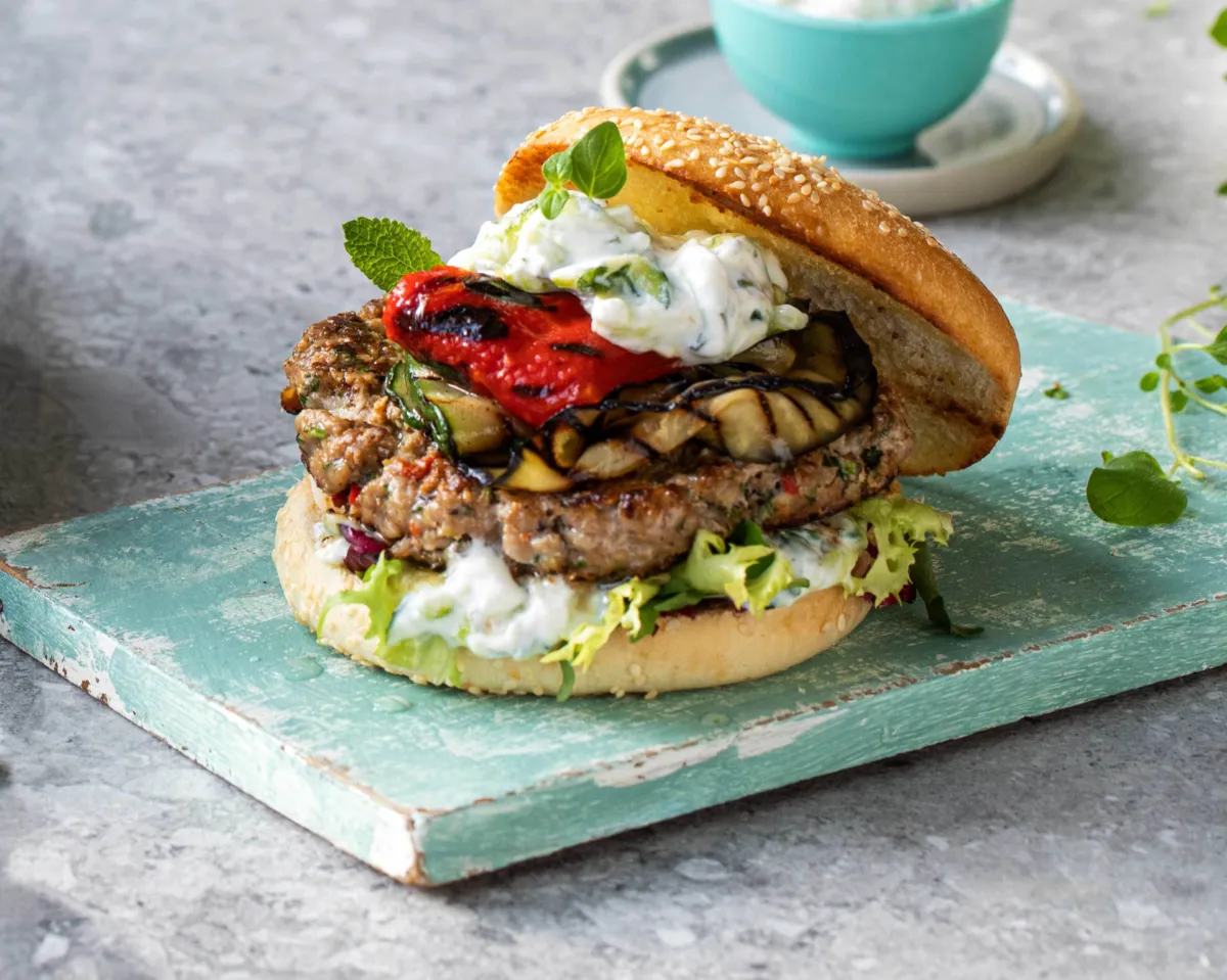 Lammeburger med tzatziki og grillede grønnsaker