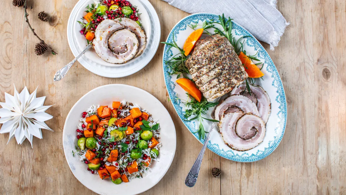 Rissalat med bakt gresskar og rosenkål appelsindressing og Gilde Porcetta sousvidekokt