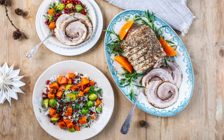 Rissalat med bakt gresskar og rosenkål appelsindressing og Gilde Porcetta sousvidekokt