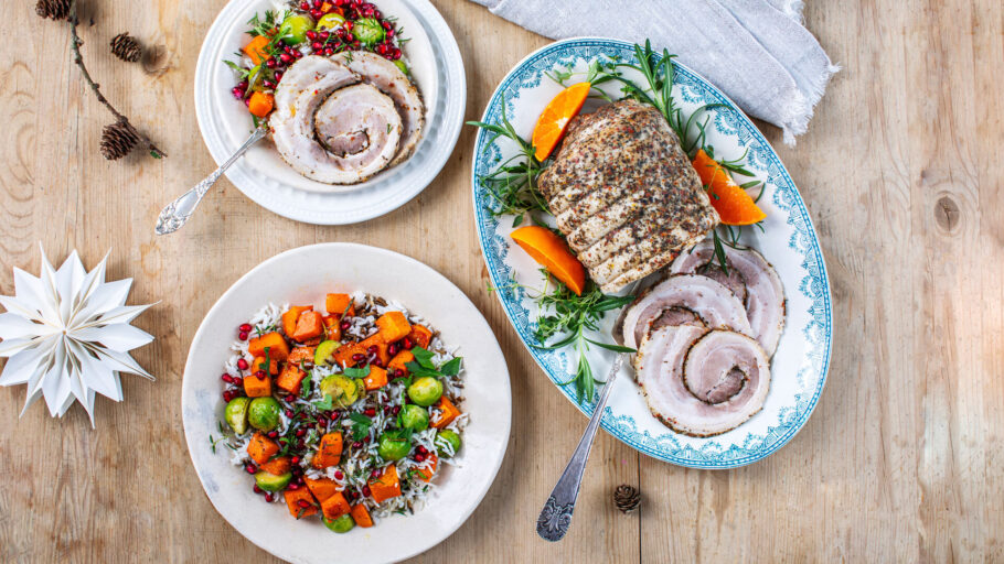 Rissalat med bakt gresskar og rosenkål appelsindressing og Gilde Porcetta sousvidekokt